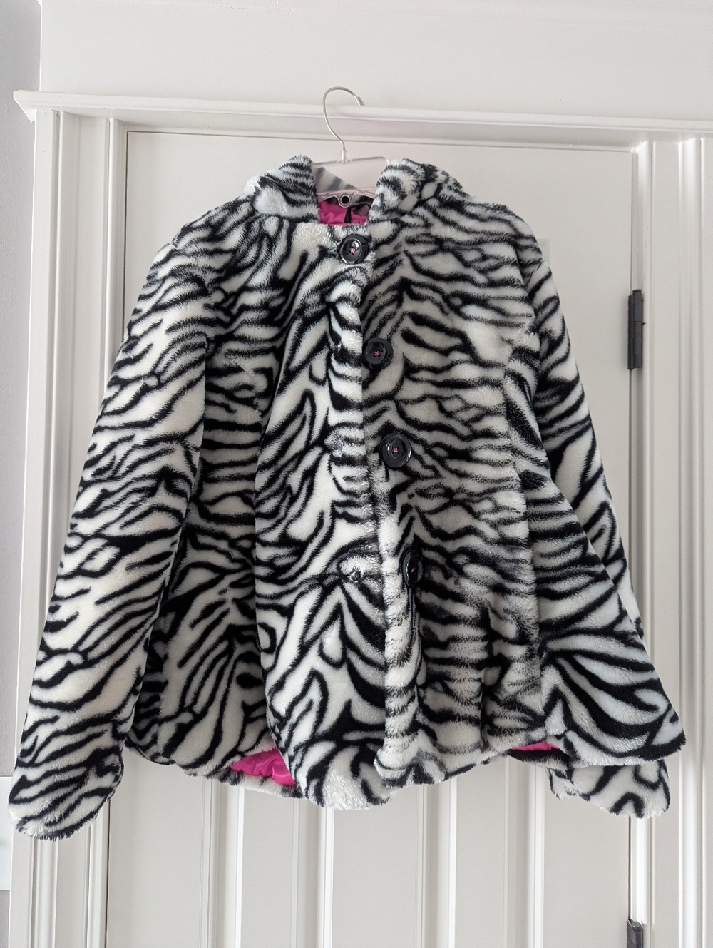 Girls' Black & White Zebra Faux-Fur Hooded Coat Jacket Size 14